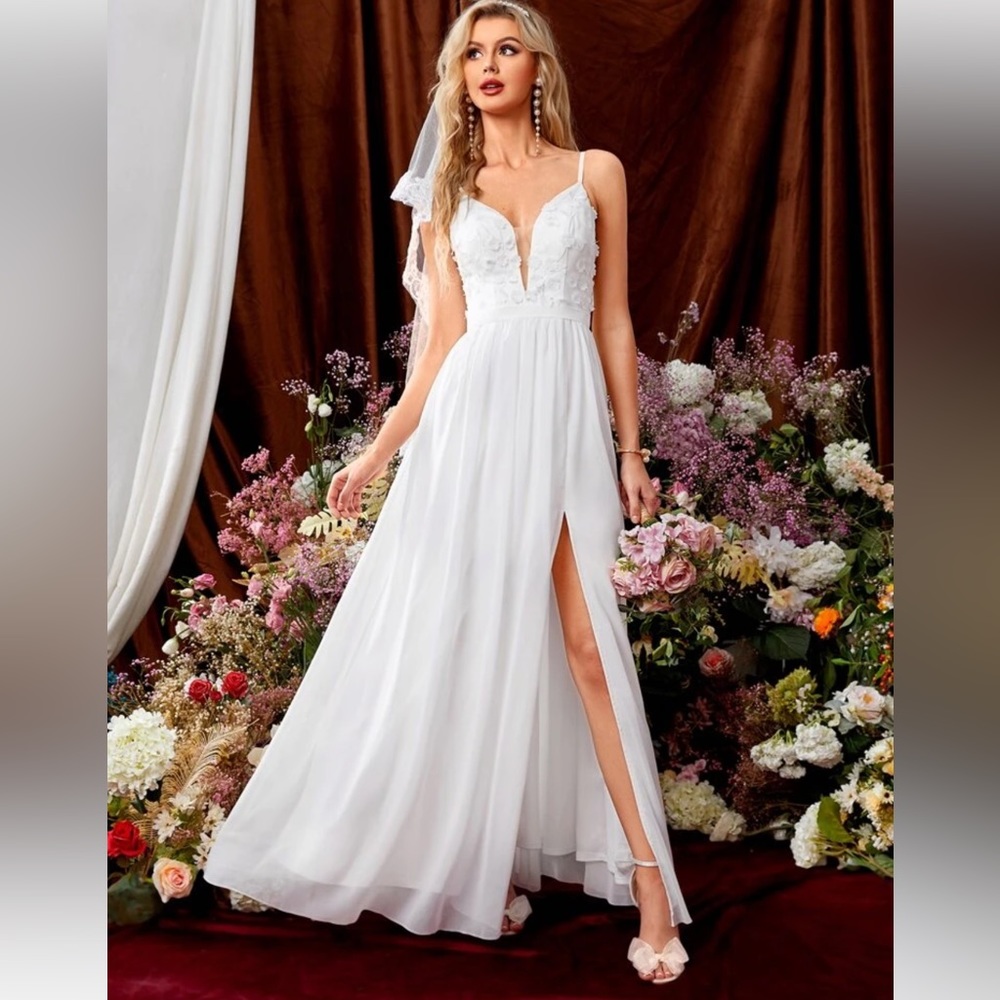 SHEIN Belle Appliques Leaf Embroidery Mesh Insert Split Thigh Chiffon dress